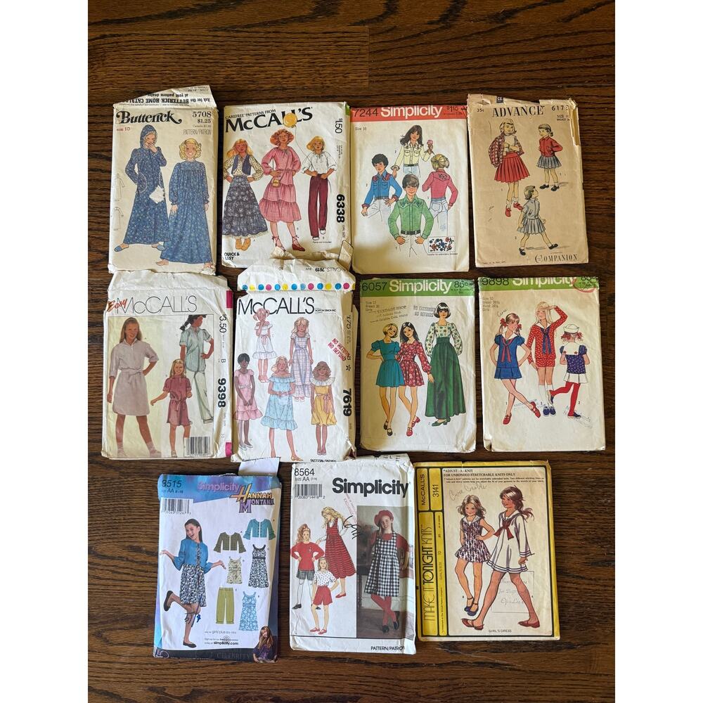 11-Piece Bundle Vintage Sewing Patterns Size 10 Girls 50s 70s 80s Y2k Dress PJs